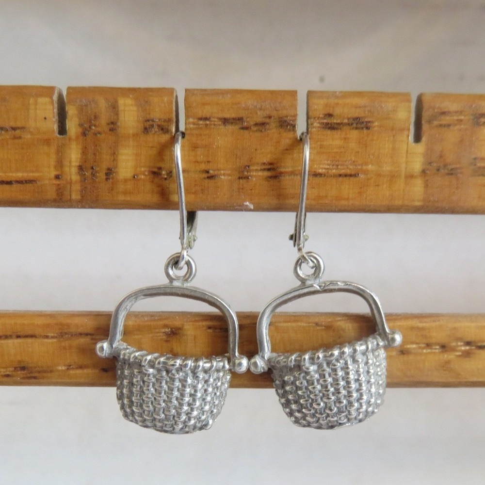 Vintage 925 Sterling Silver Woven Basket Leverback Drop Earrings Picnic Garden